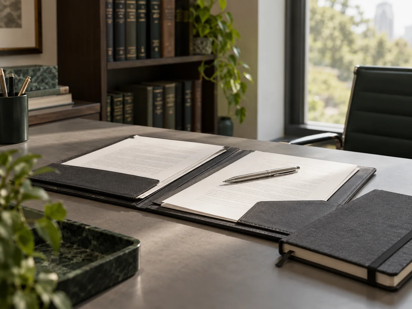 Cena ilustrativa de trabalho jurídico: documentos, caneta prateada e livros em um ambiente com luz natural.